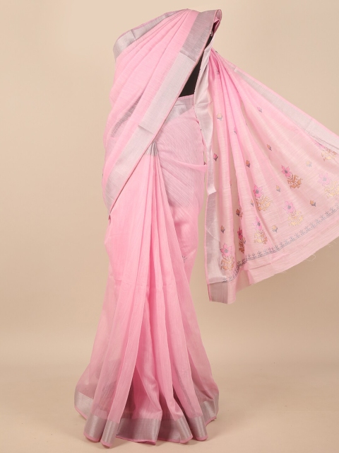 

Pothys Pink & Silver-Toned Floral Embroidered Zari Saree