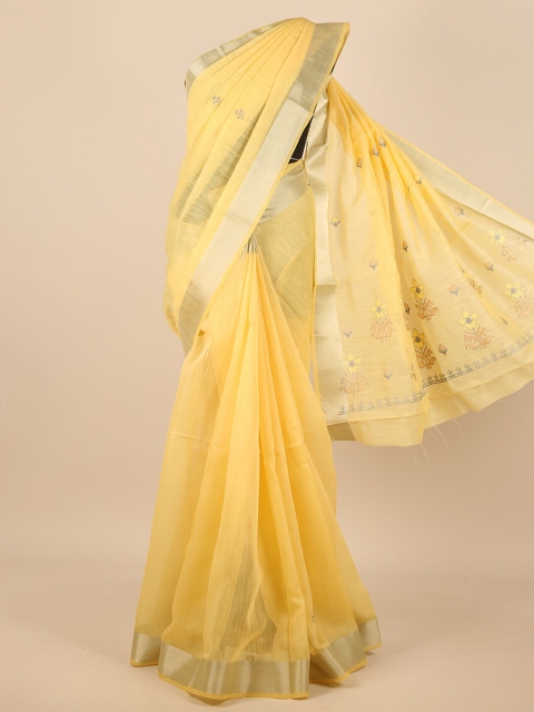 

Pothys Yellow & Gold-Toned Floral Embroidered Zari Saree