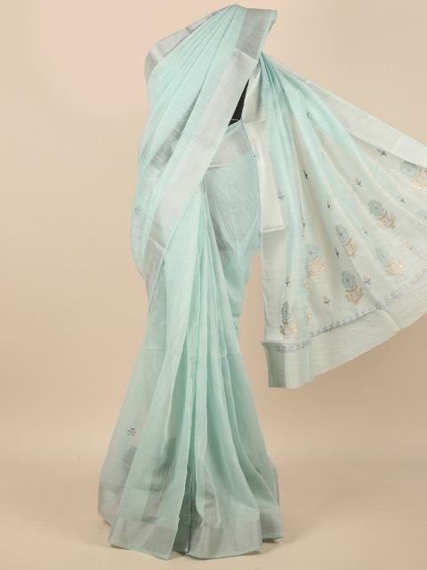 

Pothys Blue & Silver-Toned Floral Embroidered Zari Saree
