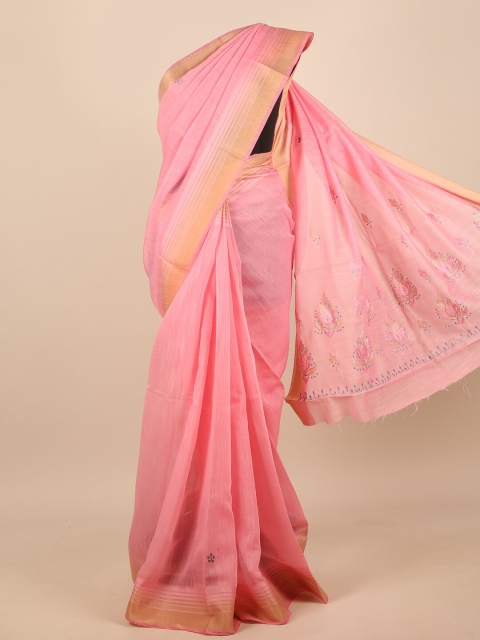 

Pothys Pink & Gold-Toned Floral Embroidered Zari Saree