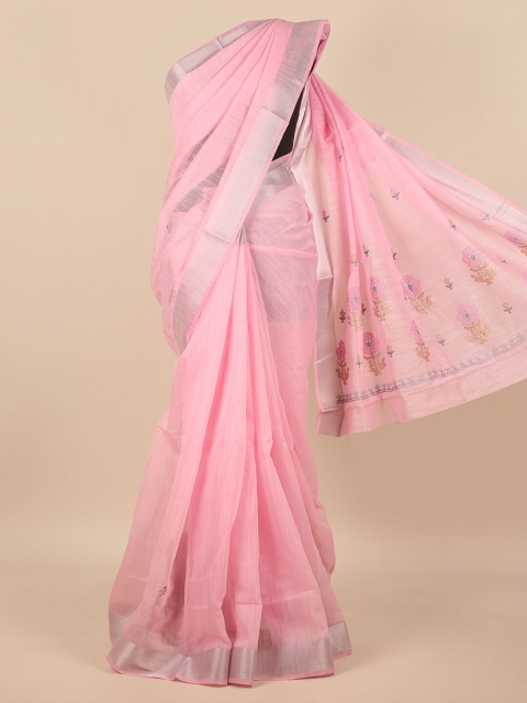 

Pothys Pink & Silver-Toned Floral Embroidered Zari Saree