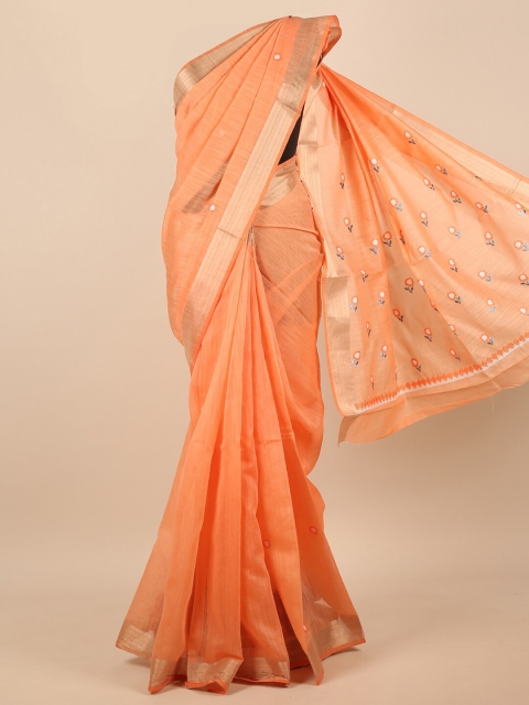 

Pothys Orange & Gold-Toned Floral Embroidered Zari Saree
