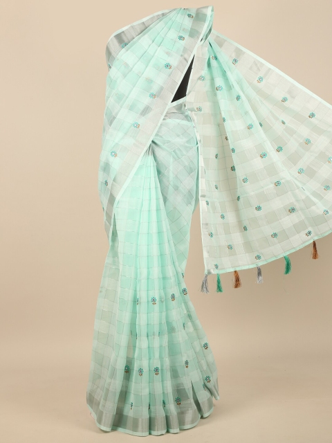 

Pothys Green & Silver-Toned Floral Embroidered Zari Saree