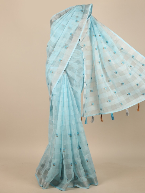 

Pothys Blue & Silver-Toned Floral Embroidered Zari Saree