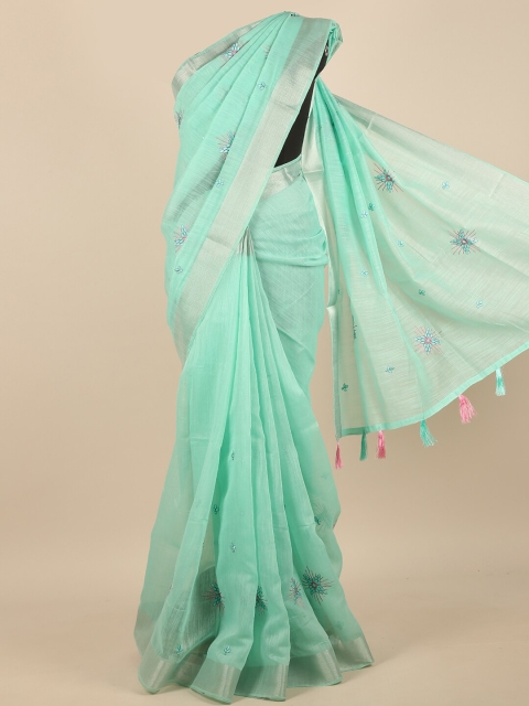 

Pothys Green & Silver-Toned Floral Embroidered Zari Saree