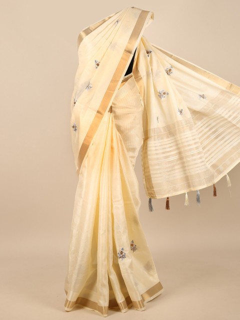 

Pothys Cream-Coloured & Gold-Toned Floral Embroidered Zari Saree