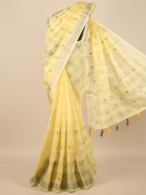 

Pothys Yellow & Silver-Toned Floral Embroidered Zari Saree