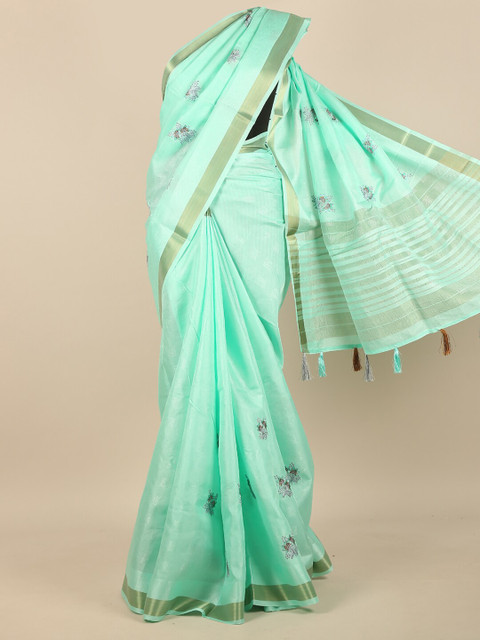 

Pothys Sea Green & Silver-Toned Floral Embroidered Zari Saree