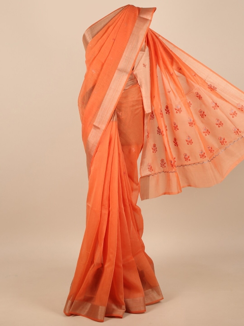 

Pothys Orange & Gold-Toned Floral Embroidered Zari Saree
