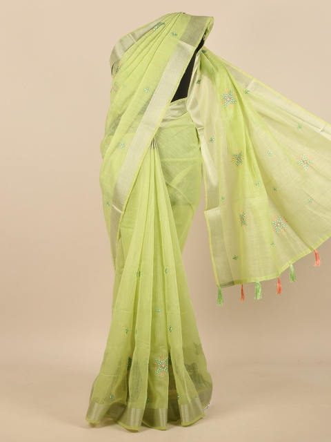 

Pothys Green & Silver-Toned Floral Embroidered Zari Saree