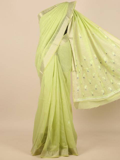 

Pothys Green & Silver-Toned Floral Embroidered Zari Saree