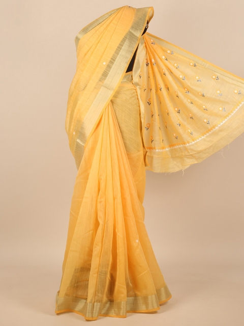 

Pothys Yellow & Gold-Toned Floral Embroidered Zari Saree