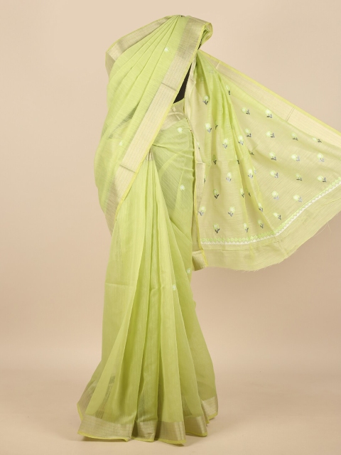 

Pothys Green & Gold-Toned Floral Embroidered Zari Saree