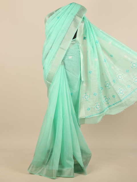 

Pothys Sea Green & Silver-Toned Floral Embroidered Zari Saree