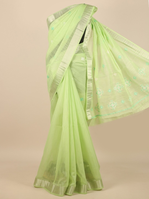 

Pothys Green & Silver-Toned Floral Embroidered Zari Saree