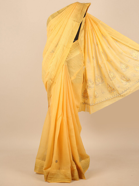 

Pothys Yellow & Gold-Toned Floral Embroidered Zari Saree