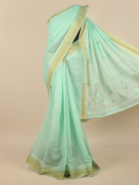 

Pothys Green & Gold-Toned Floral Embroidered Zari Saree
