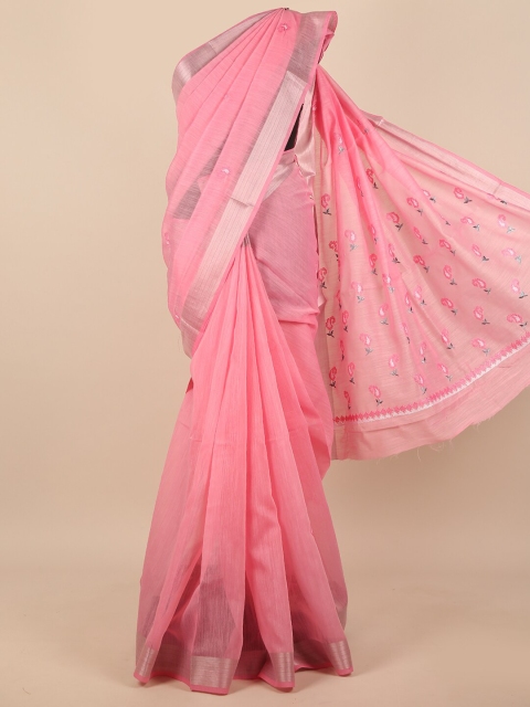 

Pothys Pink & Gold-Toned Floral Embroidered Zari Saree