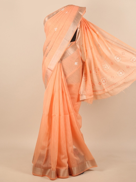 

Pothys Peach-Coloured & Gold-Toned Floral Embroidered Zari Saree