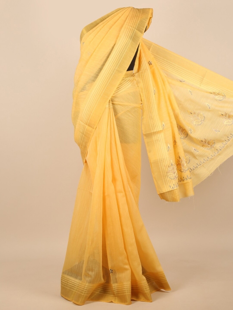 

Pothys Yellow & Gold-Toned Floral Embroidered Zari Saree