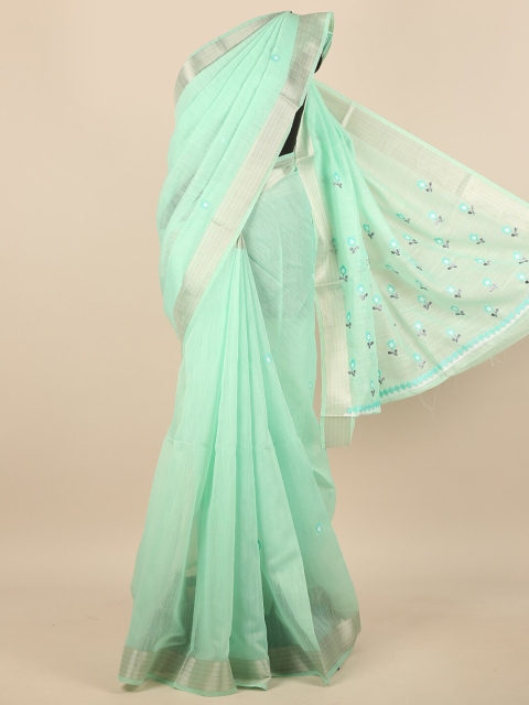 

Pothys Sea Green & Gold-Toned Floral Embroidered Zari Saree