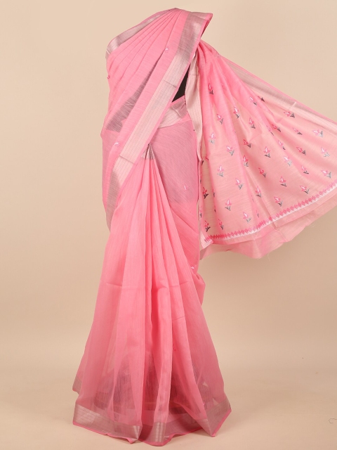 

Pothys Pink & Gold-Toned Floral Embroidered Zari Saree