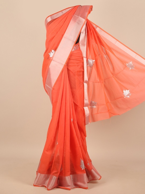 

Pothys Orange & Gold-Toned Floral Embroidered Zari Saree