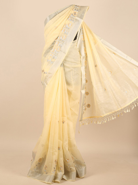 

Pothys Cream-Coloured & Silver-Toned Floral Embroidered Zari Saree