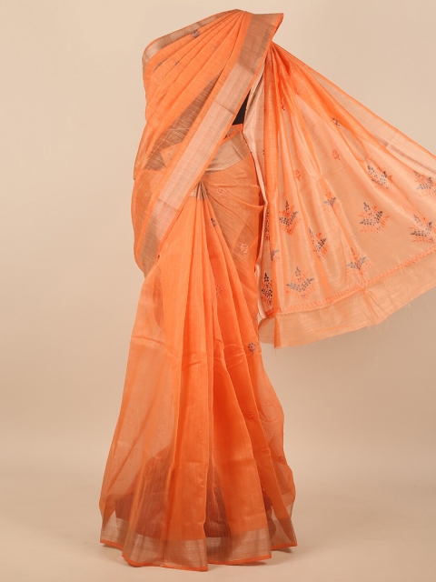 

Pothys Orange & Silver-Toned Floral Embroidered Zari Saree