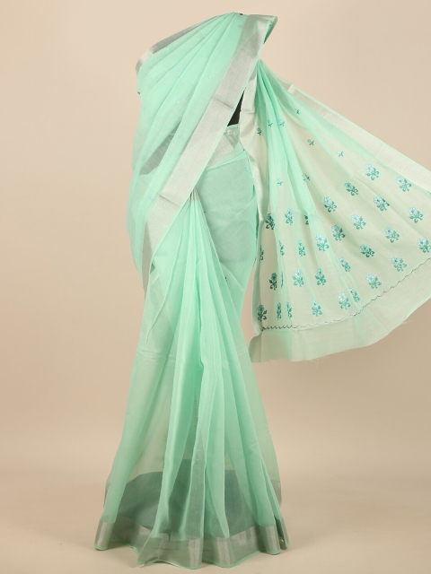 

Pothys Sea Green & Silver-Toned Floral Embroidered Zari Saree