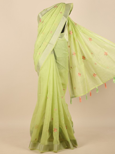 

Pothys Green & Gold-Toned Floral Embroidered Zari Saree