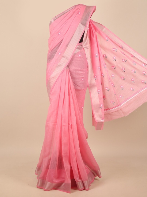 

Pothys Pink & Silver-Toned Floral Embroidered Zari Saree