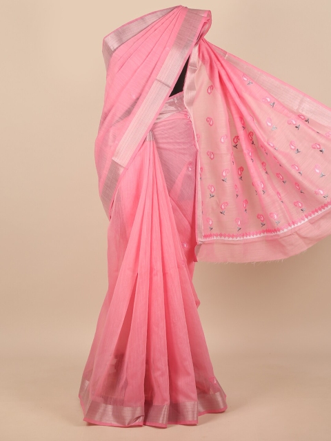 

Pothys Pink & Gold-Toned Floral Embroidered Zari Saree