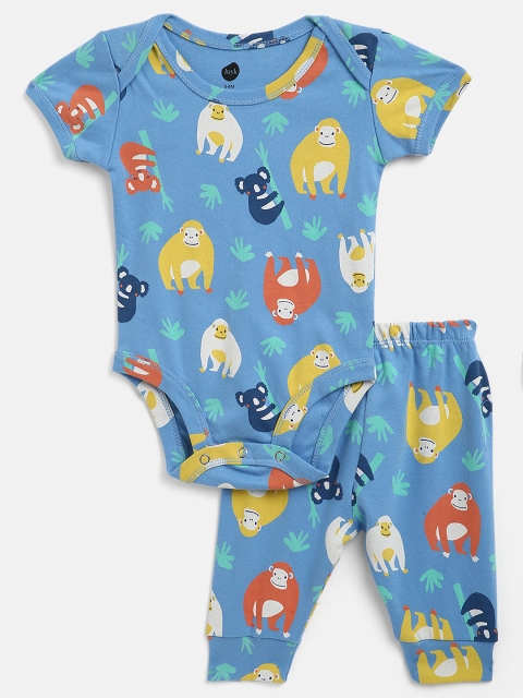 

luyk Unisex Kids Blue & Yellow Printed Pure Cotton Bodysuit with Joggers