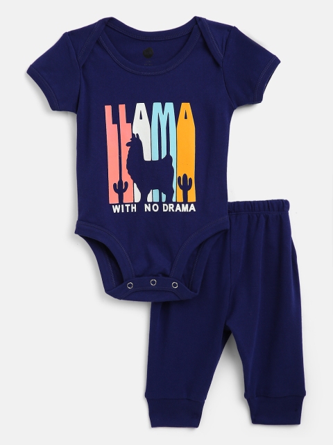 

luyk Unisex Kids Navy Blue & Pink Printed Pure Cotton Bodysuit with Joggers