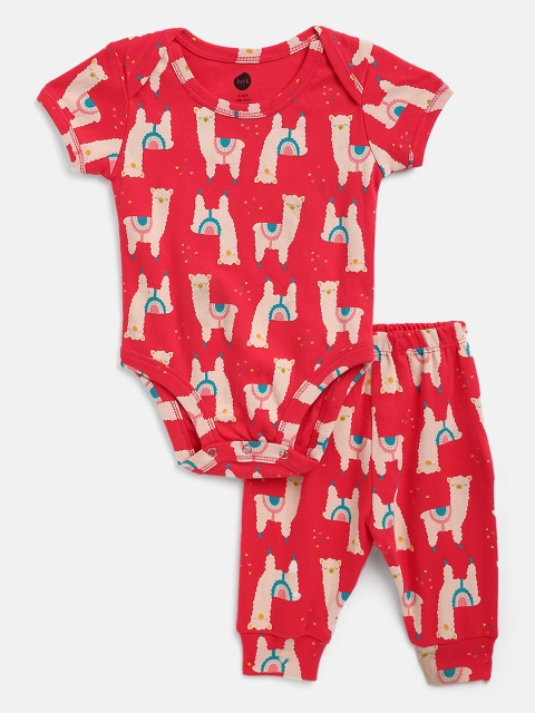 

luyk Unisex Kids Red & Beige Printed Pure Cotton Bodysuit with Joggers