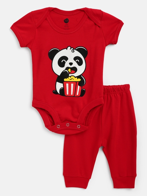 

luyk Unisex Kids Red & White Printed Pure Cotton Bodysuit with Joggers