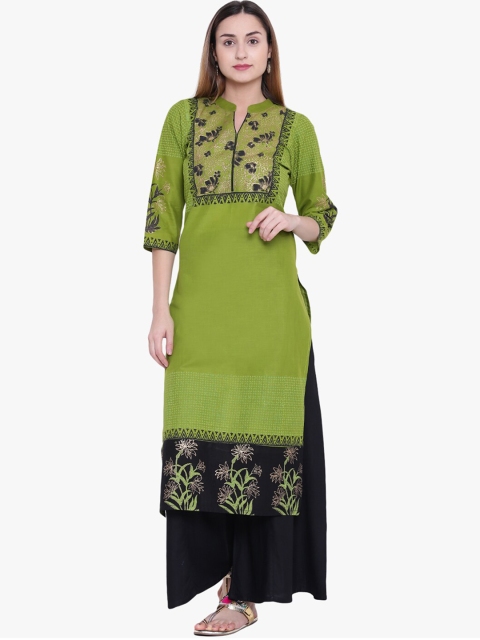 

Varkha Fashion Women Green & Black Floral Printed Straight Kurta