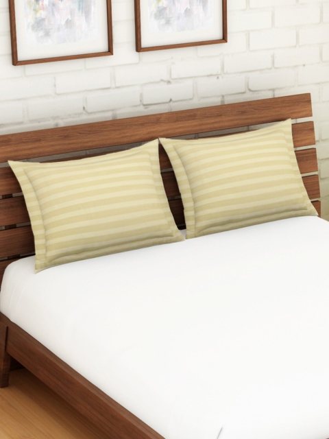 

SPACES Set Of 2 Beige Striped 210 TC Pure Cotton Pillow Covers