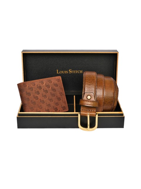 

LOUIS STITCH Men Tan Brown Genuine Leather Accessory Gift Set