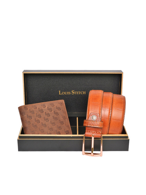 

LOUIS STITCH Men Tan Brown Patterned Genuine Leather Accessory Gift Set