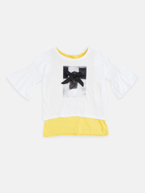 

Pantaloons Junior Girls Off White Yellow Printed Cotton Pure Cotton T-shirt