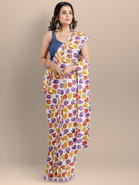 

BharatSthali White & Purple Floral Pure Cotton Block Print Handloom Saree