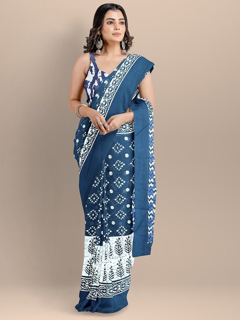

BharatSthali Blue & White Pure Cotton Block Print Handloom Saree