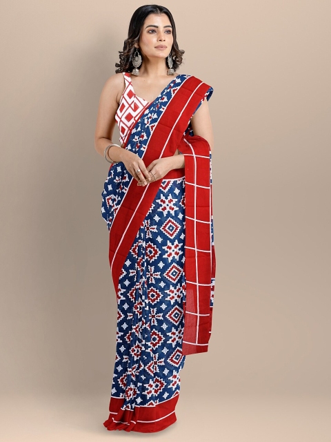 

BharatSthali Blue & Red Pure Cotton Block Print Handloom Saree