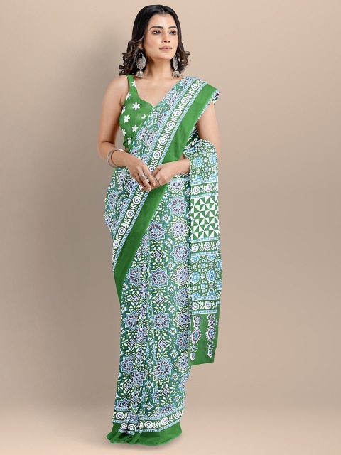 

BharatSthali Green & Blue Pure Cotton Block Print Handloom Saree
