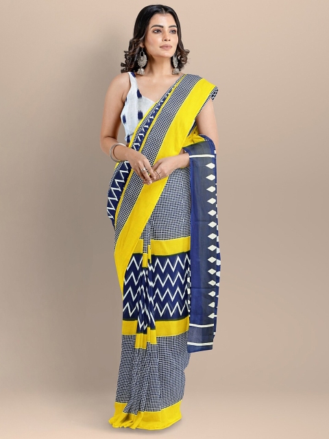 

BharatSthali Navy Blue & White Pure Cotton Block Print Handloom Saree