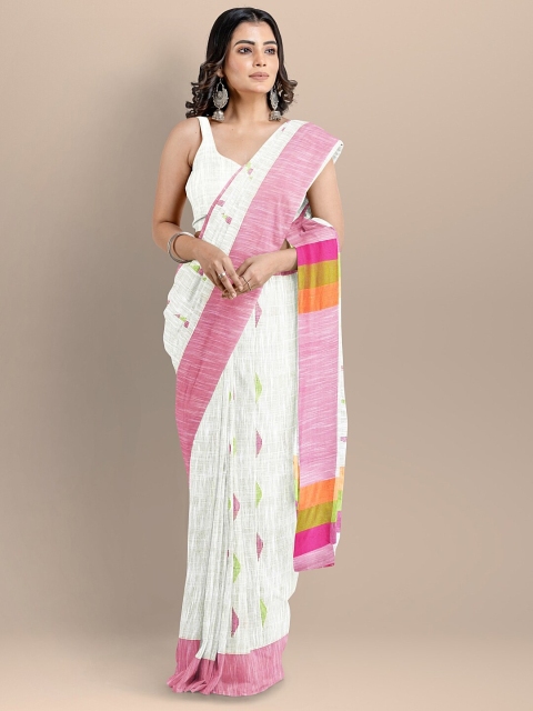 

BharatSthali White & Pink Woven Design Pure Cotton Taant Saree