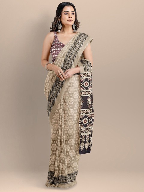 

BharatSthali Brown & Black Ethnic Motifs Pure Cotton Block Print Handloom Saree