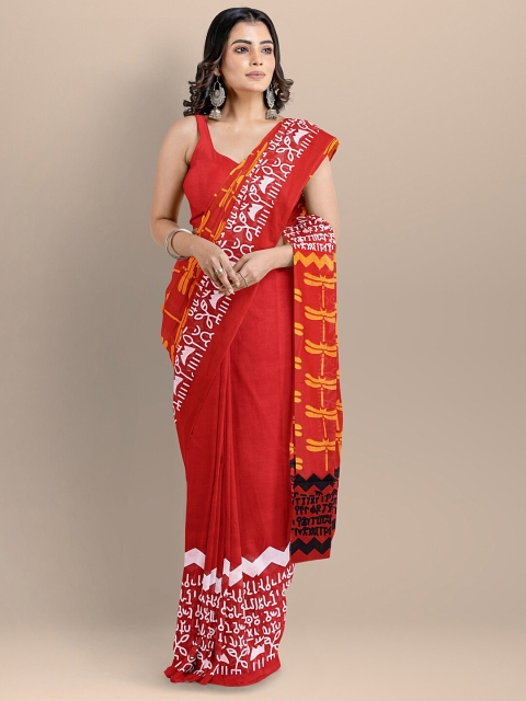 

BharatSthali Red & Orange Pure Cotton Block Print Handloom Saree